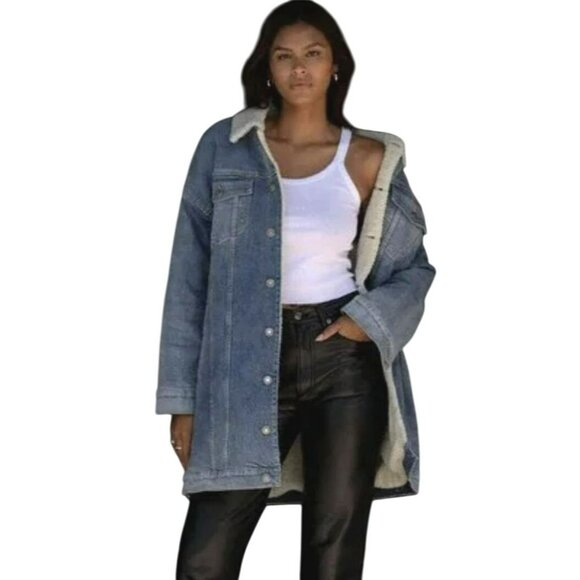 LNDN Oversized XXS Long Denim Faux Sherpa Lined Denim Jacket NWT - Picture 1 of 7